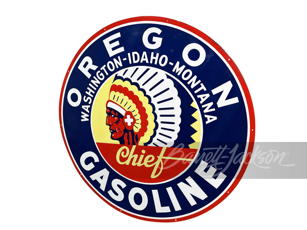 LARGE CIRCA 1940S OREGON CHIEF GASOLINE PORCELAIN SIGN