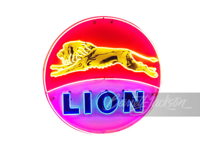 LATE 1950S LION GASOLINE PORCELAIN WITH ANIMATED NEON SIGN