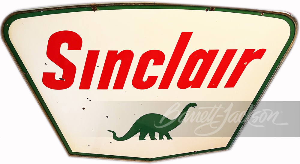 Desirable late 1950s-early '60s Sinclair Oil double-sided porcelain service station sign with Dino logo.