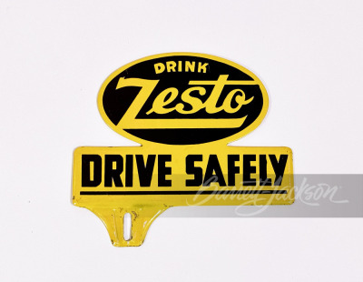 1930S-40S ZESTO - DRIVE SAFELY TIN LICENSE PLATE PECTIN SIGN