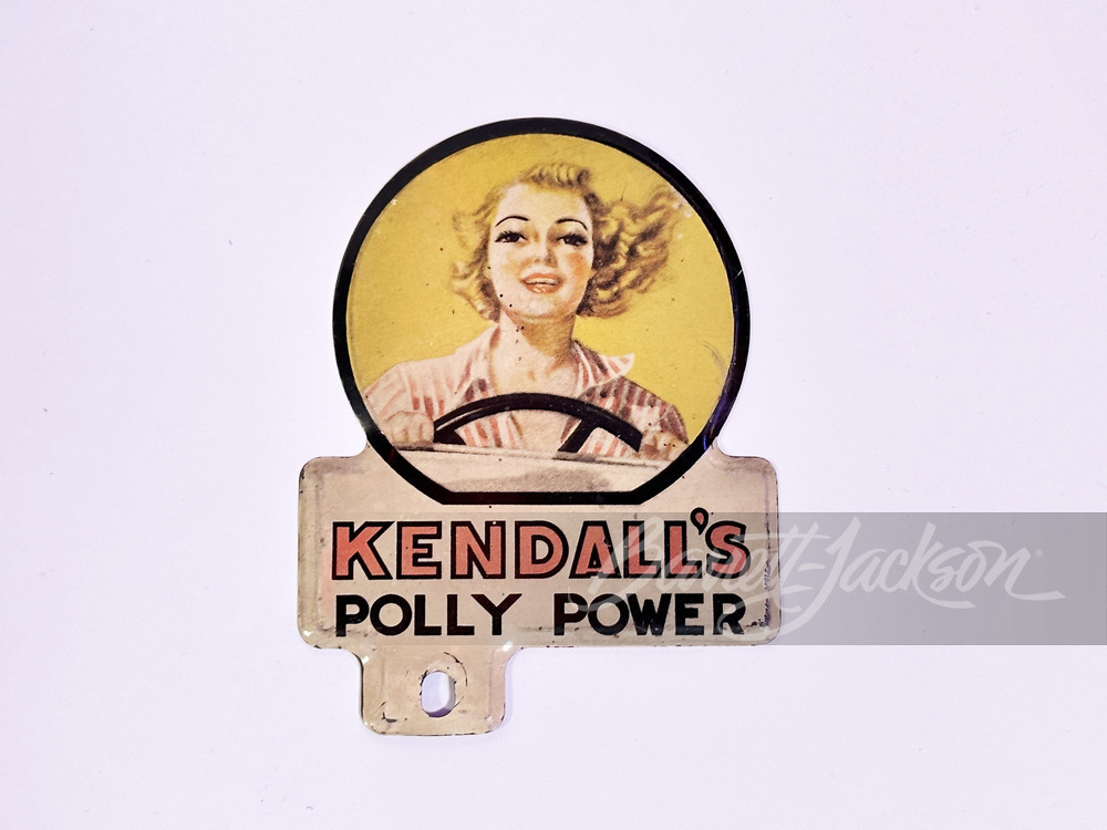 1930S KENDALL'S POLLY POWER TIN LICENSE PLATE SIGN