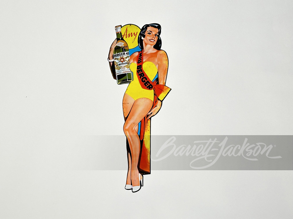 LATE 1950S-EARLY '60S MISS BERGER PINUP GIRL TIN SIGN