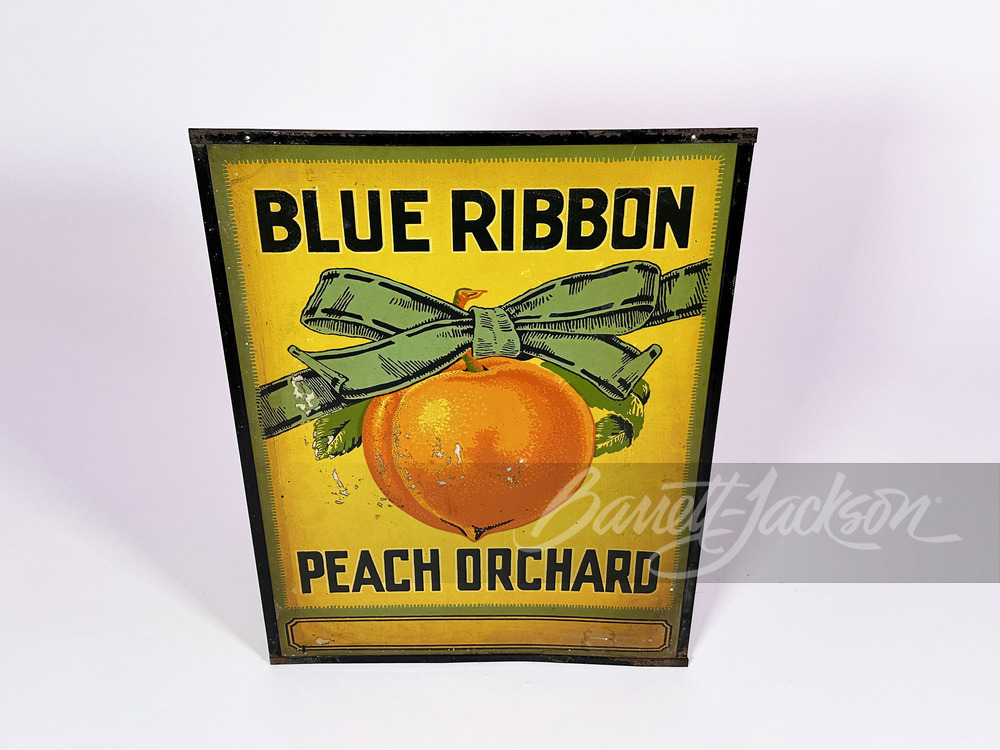 CIRCA LATE TEENS-EARLY '20S BLUE RIBBON PEACH ORCHARD CARDBOARD/TIN SIGN