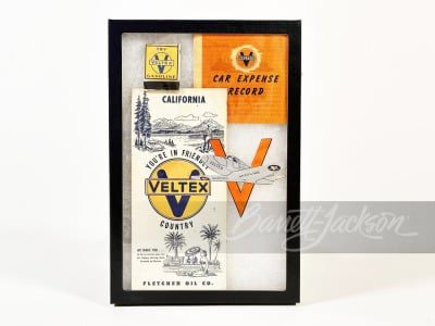 SHADOWBOX OF 1940S-50S VELTEX OIL PROMOTIONAL ITEMS