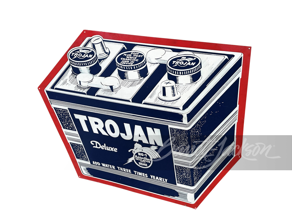 LARGE 1940S TROJAN BATTERIES TIN SIGN