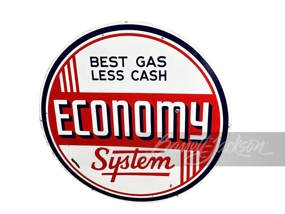 CIRCA LATE 1940S-EARLY '50S ECONOMY SYSTEM GASOLINE PORCELAIN SIGN