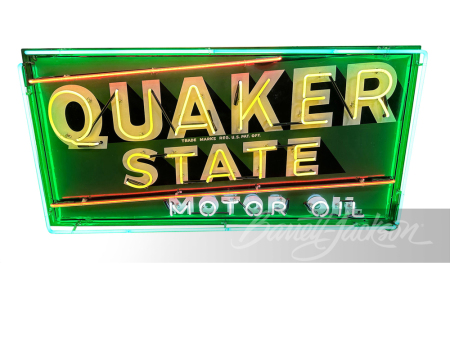 VINTAGE LARGE QUAKER STATE TIN PAINTED SIGN WITH NEON