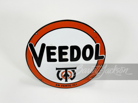 1930s Veedol Motor Oil "En Venti Ici" (Sold Here) single-sided porcelain garage sign.