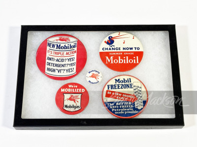 SHADOWBOX OF FIVE 1930S-40S MOBIL OIL CELLULOID PINS