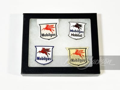 SHADOWBOX OF FOUR VINTAGE MOBIL HAT BADGES