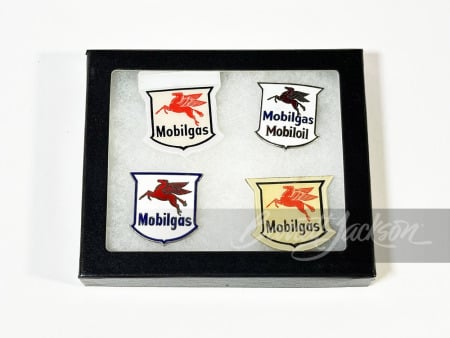 SHADOWBOX OF FOUR VINTAGE MOBIL HAT BADGES