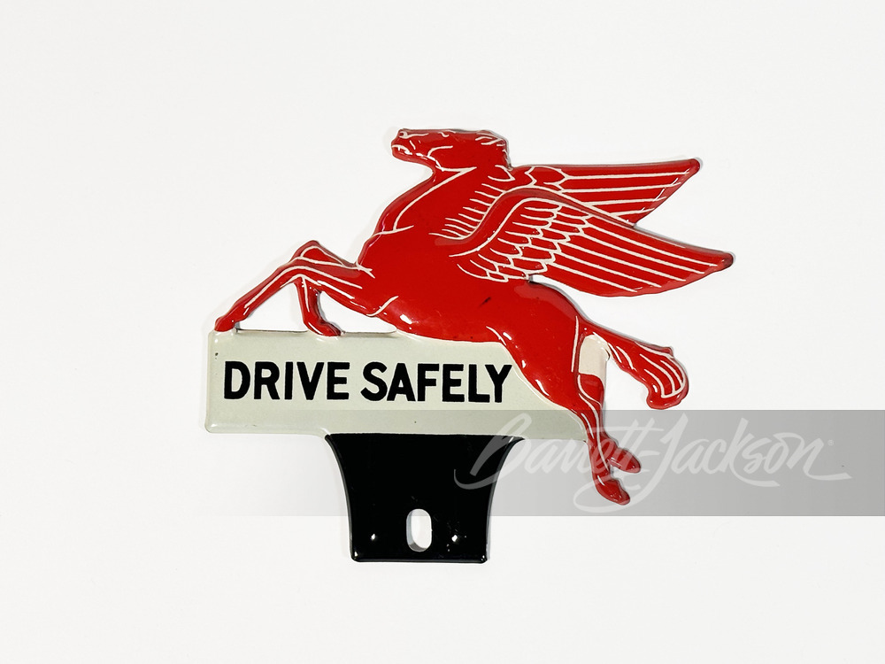 1940S MOBIL OIL "DRIVE SAFELY" LICENSE PLATE ATTACHMENT SIGN