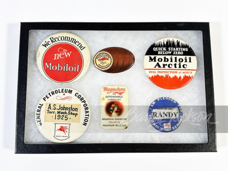 SHADOWBOX OF 1920S-40S MOBIL/MAGNOLIA CELLULOID PINS AND MIRRORS