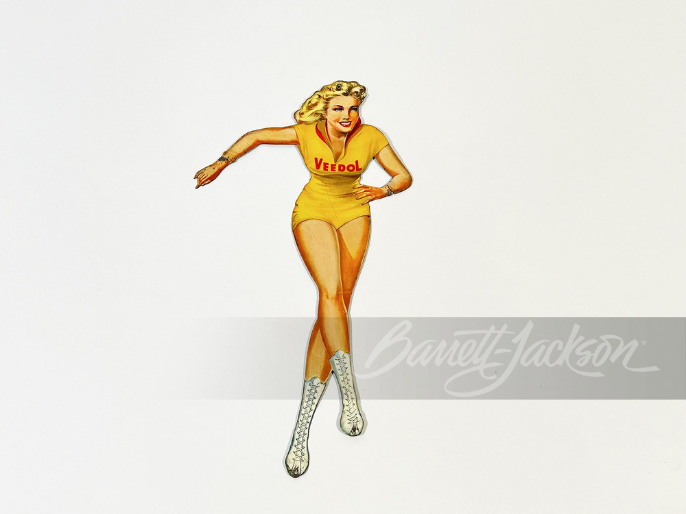 LATE 1950S-EARLY '60S VEEDOL MOTOR OIL PINUP SKATER GIRL TIN SIGN