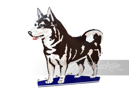 1950S HUSKY OIL LEFT-FACING DOG PORCELAIN SIGN