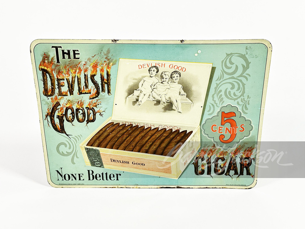 LATE TEENS DEVILISH GOOD CIGARS EMBOSSED TIN LITHO SIGN