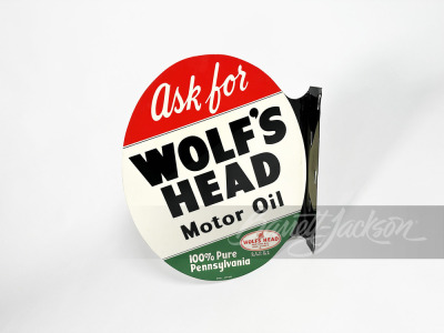 1970S WOLF'S HEAD MOTOR OIL TIN FLANGE SIGN