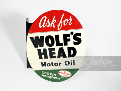 1970S WOLF'S HEAD MOTOR OIL TIN FLANGE SIGN - 2