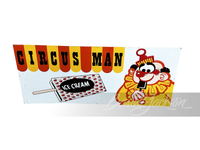 LATE 1950S CIRCUS MAN ICE CREAM EMBOSSED TIN SIGN