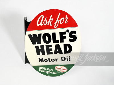 1949 WOLF'S HEAD MOTOR OIL TIN FLANGE SIGN - 2