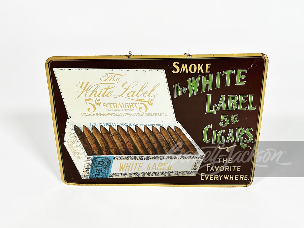 1920S WHITE LABEL 5-CENT CIGARS EMBOSSED TIN SIGN