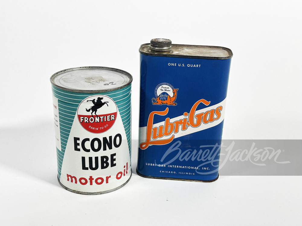 1950S FRONTIER ECONO LUBE MOTOR OIL AND LUBRI-GAS METAL QUART TINS