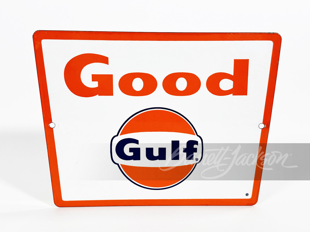 LATE-1950S/EARLY-60S GULF OIL GOOD GULF GASOLINE PORCELAIN PUMP PLATE SIGN