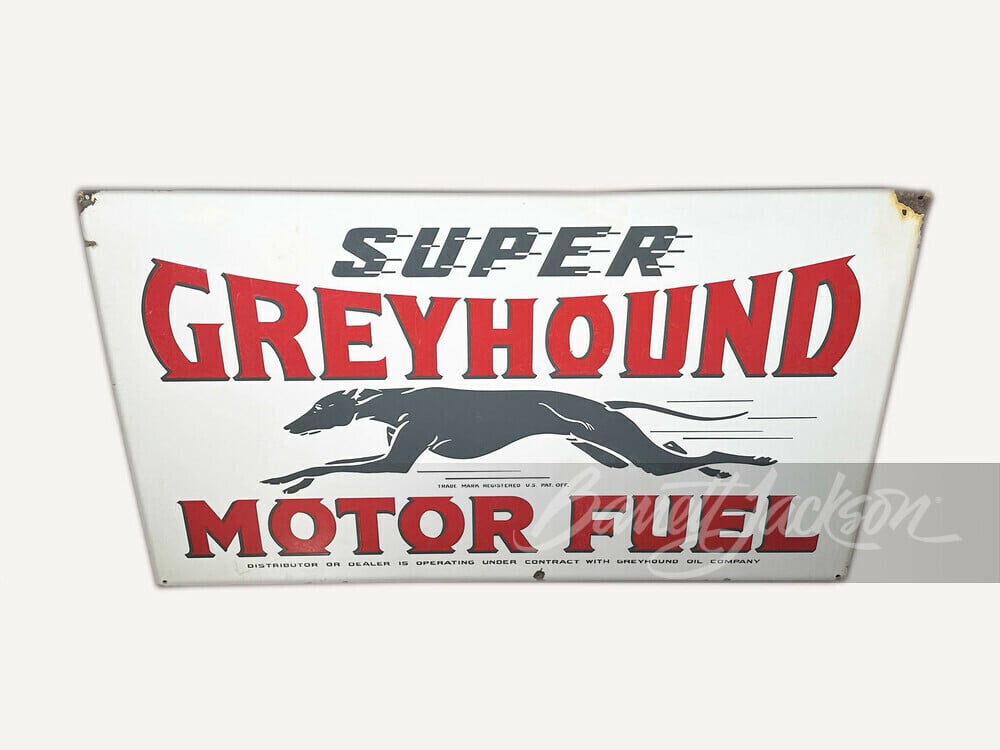 1930S GREYHOUND MOTOR FUEL PORCELAIN SIGN