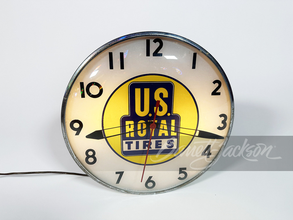 1950S U.S. ROYAL TIRES GLASS-FACED LIGHT-UP CLOCK