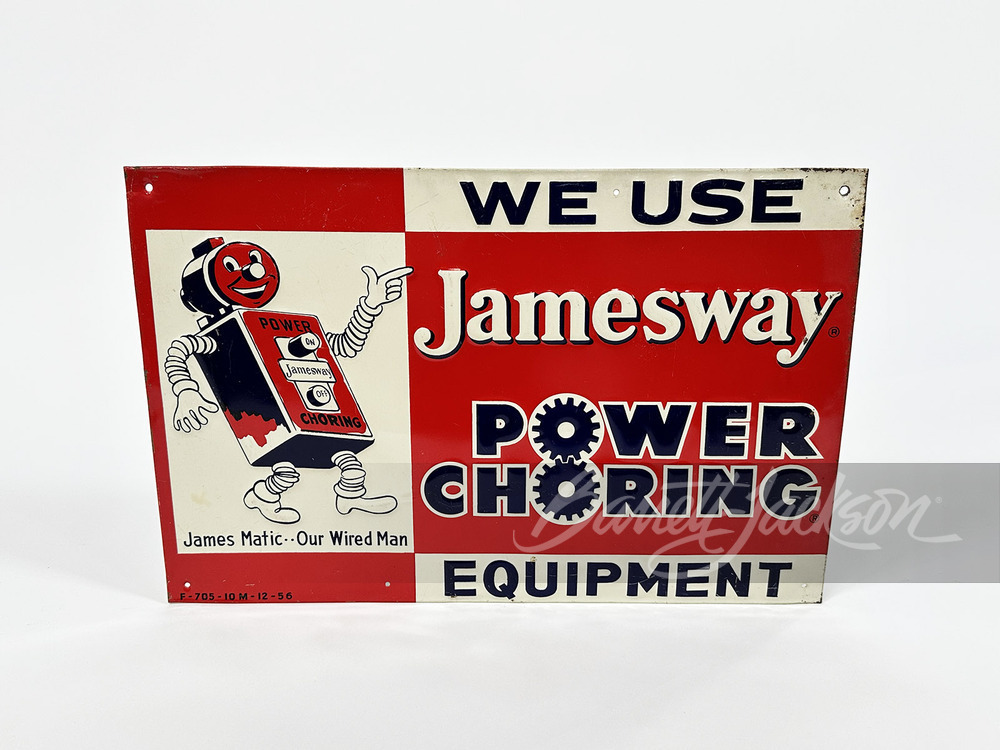 1956 JAMESWAY POWER CHORING EQUIPMENT EMBOSSED TIN SIGN