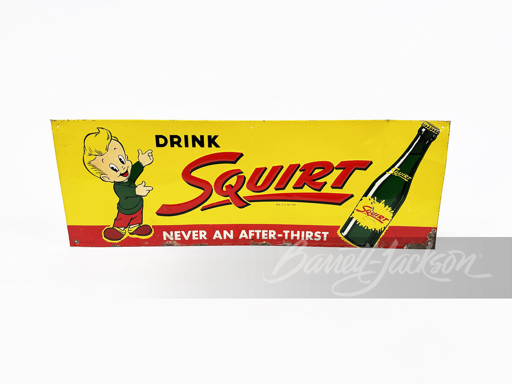 1953 SQUIRT SODA EMBOSSED TIN SIGN