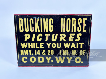 LATE 1940S BUCKING HORSE "PICTURES WHILE YOU WAIT" TIN SIGN