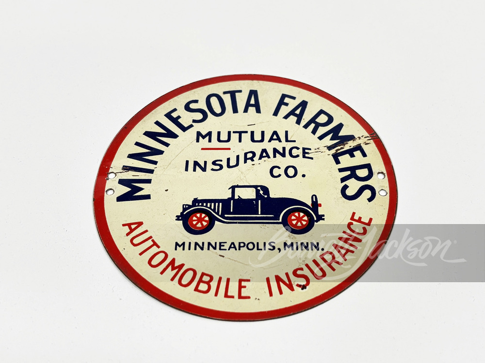 1920S MINNESOTA FARMERS INSURANCE TIN LICENSE PECTIN SIGN