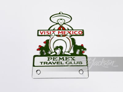 1930S "VISIT MEXICO" PEMEX TRAVEL CLUB PORCELAIN LICENSE PLATE ATTACHMENT SIGN