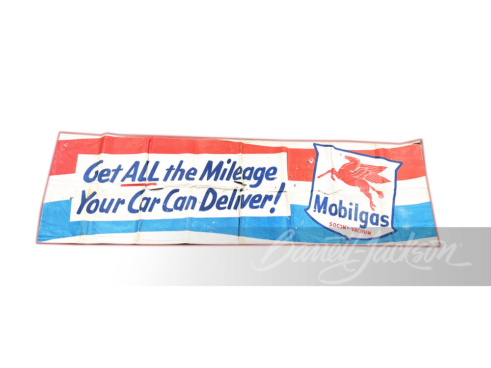 LARGE CIRCA EARLY 1950S MOBILGAS MILEAGE CANVAS BANNER