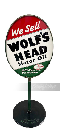 CIRCA 1950S WOLFS HEAD MOTOR OIL TIN CURB SIGN