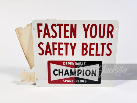 1960S CHAMPION AVIATION SPARK PLUGS "FASTEN YOUR SAFETY BELTS" TIN SIGN