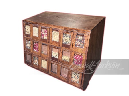 TURN-OF-THE-CENTURY BEAN COUNTER WOODEN DISPLAY CABINET