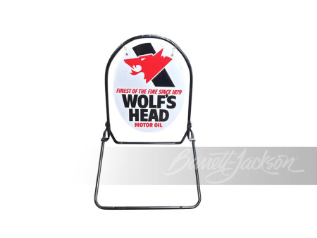 1979 WOLF'S HEAD MOTOR OIL TIN PAINTED CURB SIGN