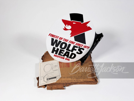 1970S WOLF'S HEAD MOTOR OIL TIN FLANGE SIGN