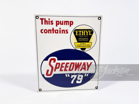 CIRCA 1950S SPEEDWAY 79 GASOLINE TIN PUMP PLATE SIGN