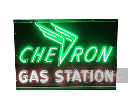 CIRCA 1950S CHEVRON GAS STATION PORCELAIN WITH NEON SIGN