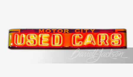 LARGE CIRCA 1940S-50S MOTOR CITY USED CARS OF DETROIT NEON PORCELAIN SIGN